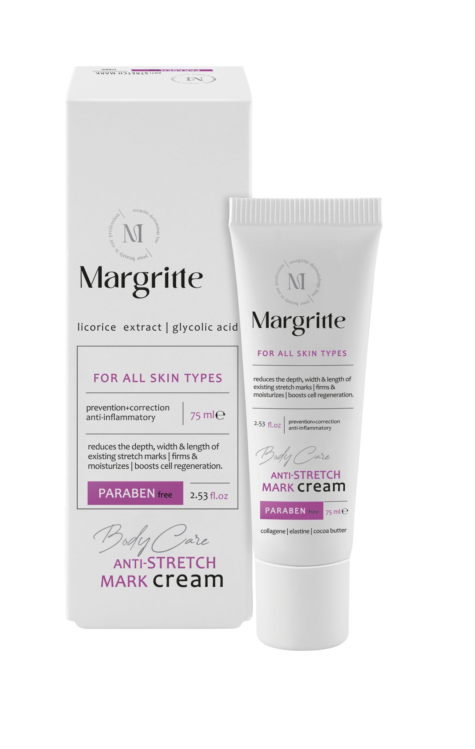 1bb5c1c9-5d42-406e-93ab-6f44717974a6 کرم رفع ترک بدن حجم 75 میلی لیتر مارگریت