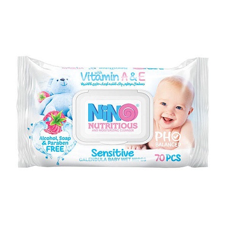 دستمال-مرطوب-میوه-ای-کالاندولا-کودک-نینو-1 دستمال مرطوب کودک حاوی کالاندولا 70 برگي ميوه ای درب دار نینو