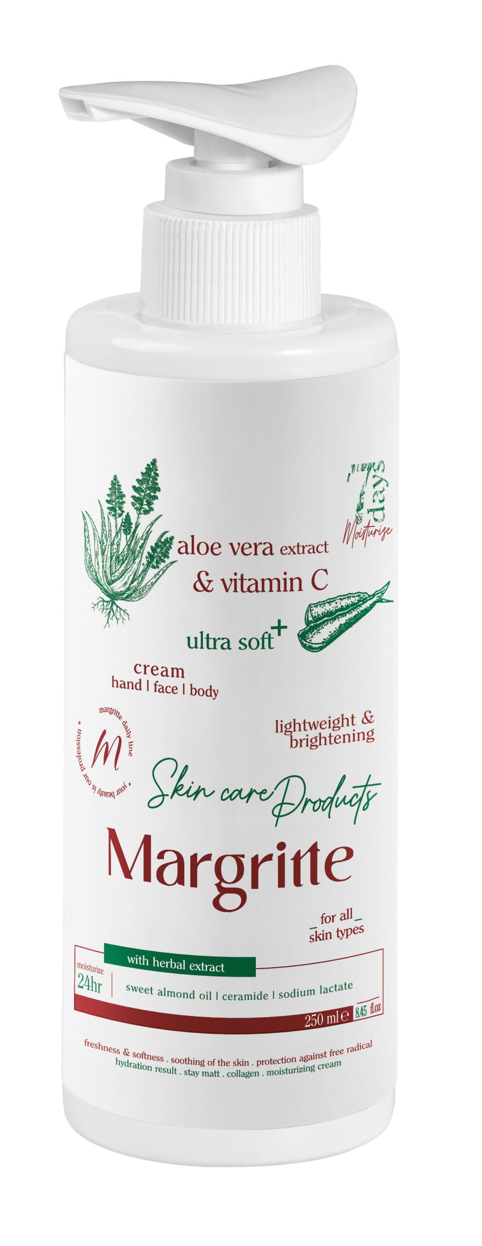 d7f7ba8e-76af-4476-8f59-52e49f9c5b4c کرم مرطوب کننده آبرسان آلوئه ورا حجم 250 میلی لیتر (پمپی) مارگریت